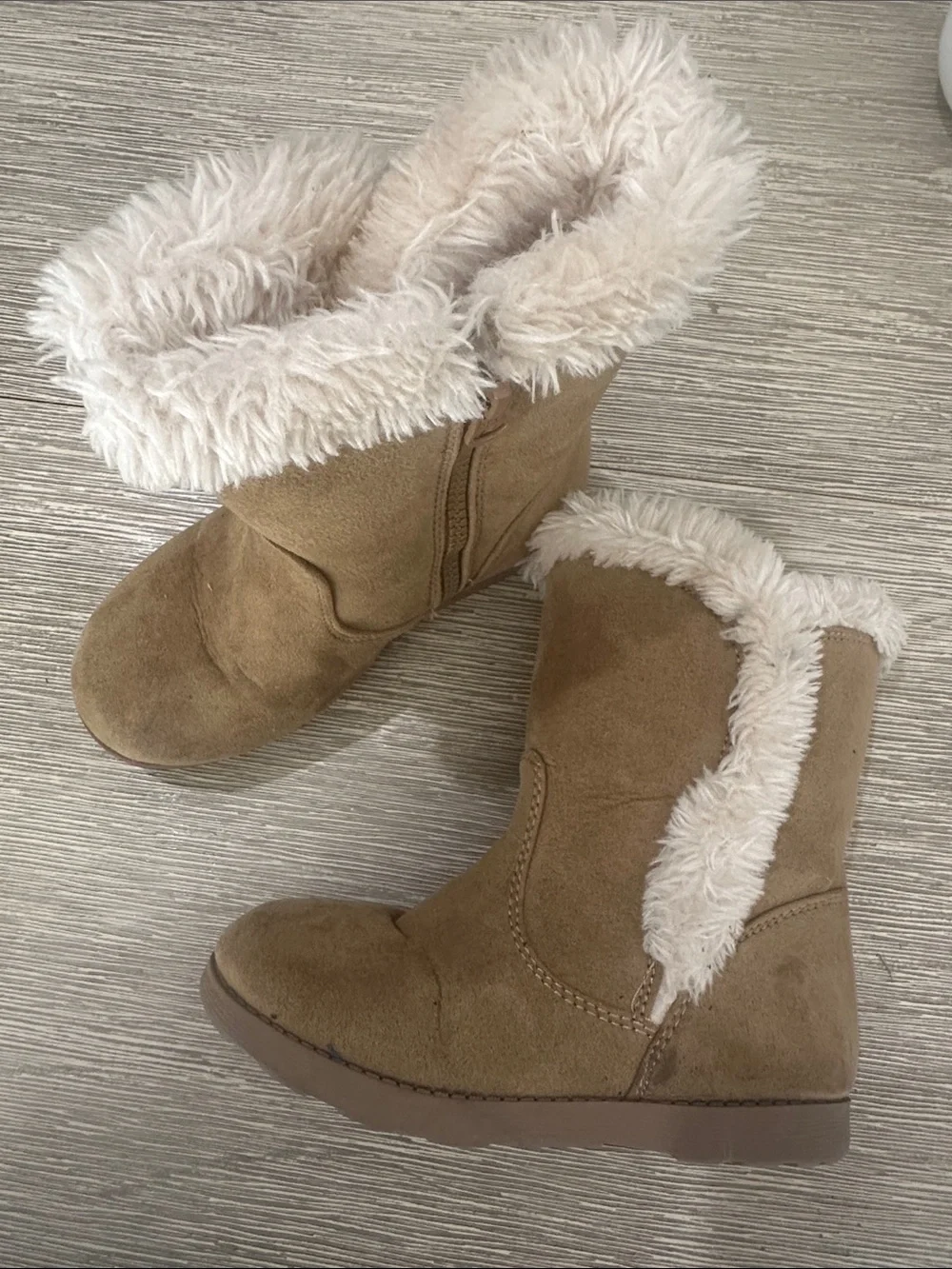 Kids Faux Ugg Winter Boots with inside zipper Trim - Tan